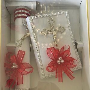 Elegant White Bible and Candle Set with Red Accents